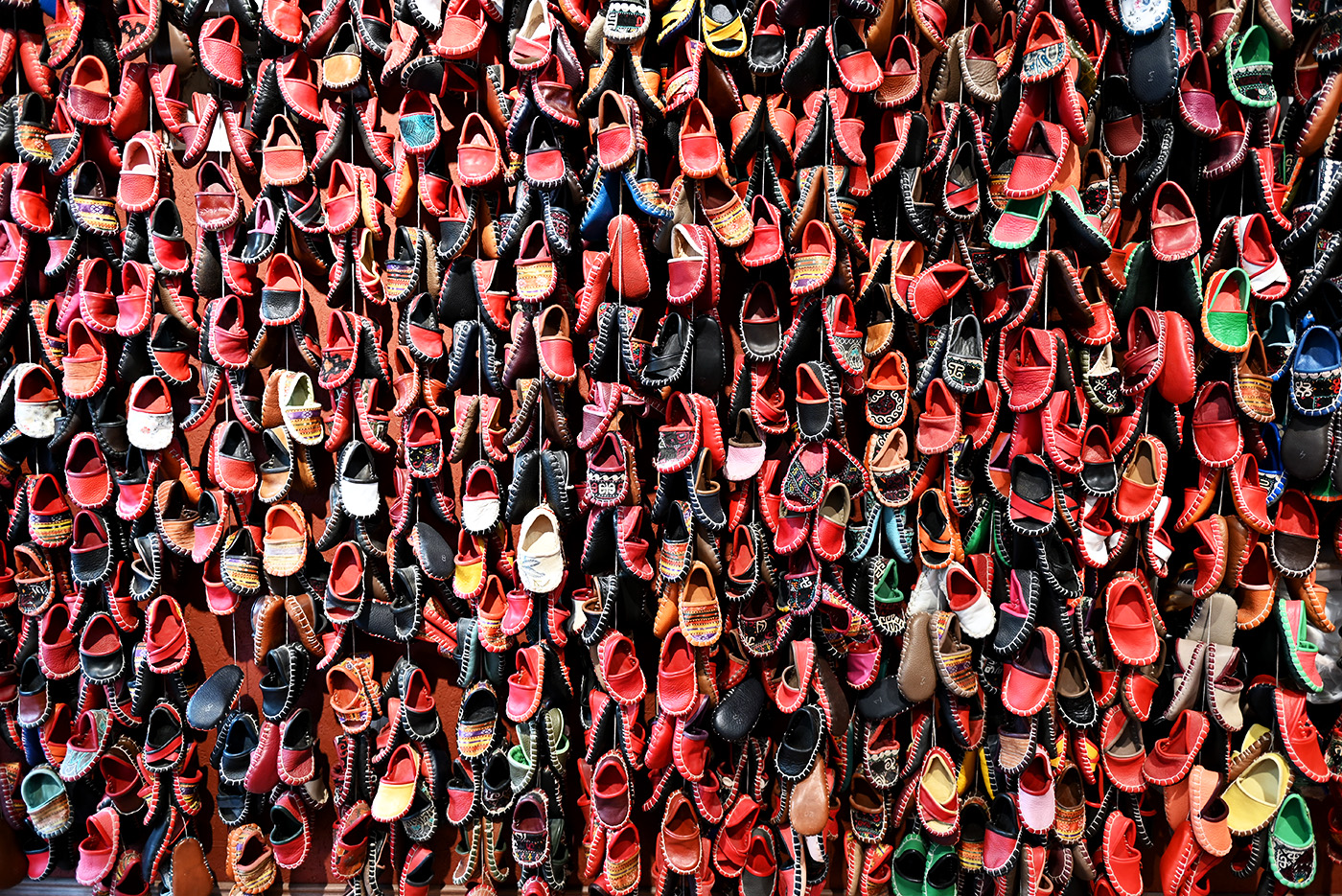 A wall of traditional Turkish shoes