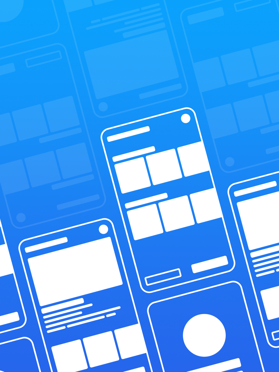 A illustration of a mobile software interfaces as wireframes on a blue gradient background