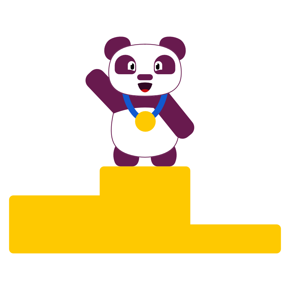 Illustration of Pepper, the purple panda, standing on 1st place of a podium