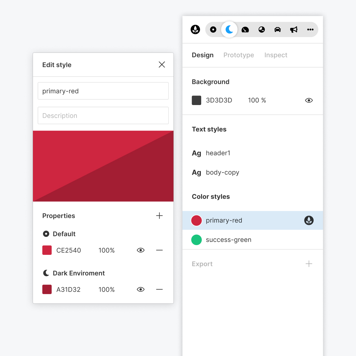 Global Figma styles panel with Enviromental properties