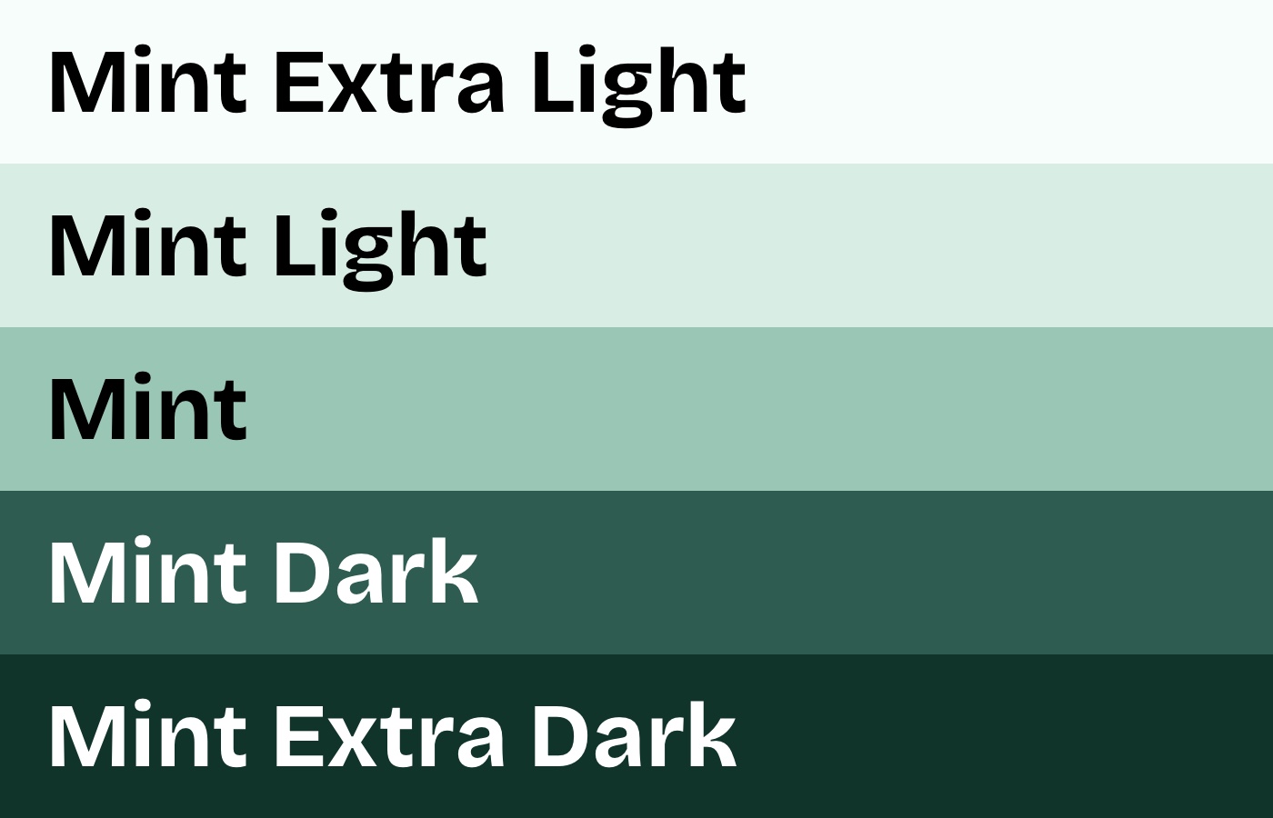 Mint & Molar color palette from Mint Extra Light to Mint Extra Dark