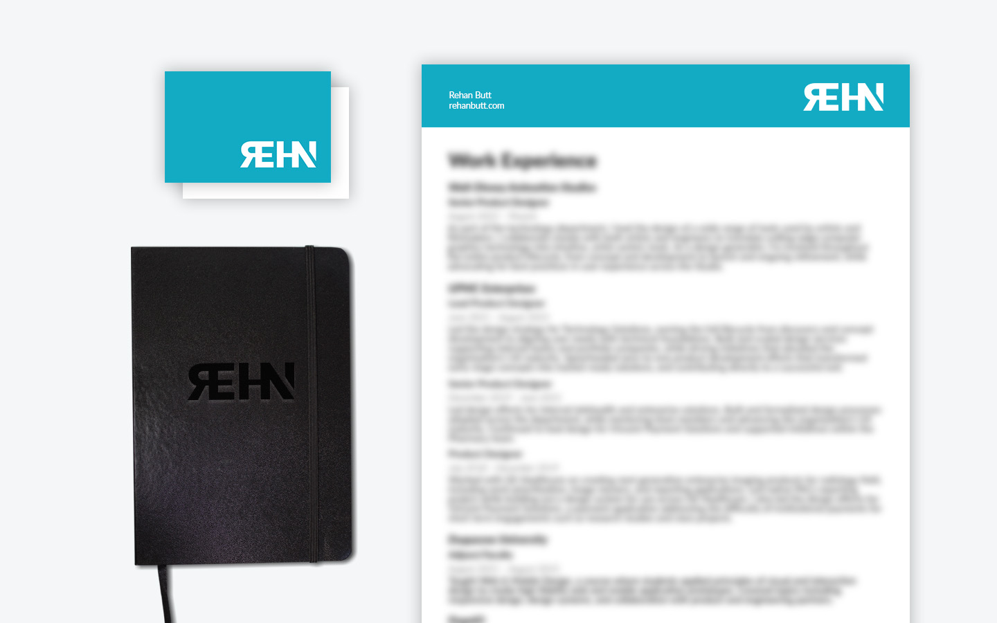 Logo applied to business cards, documents and a notebook