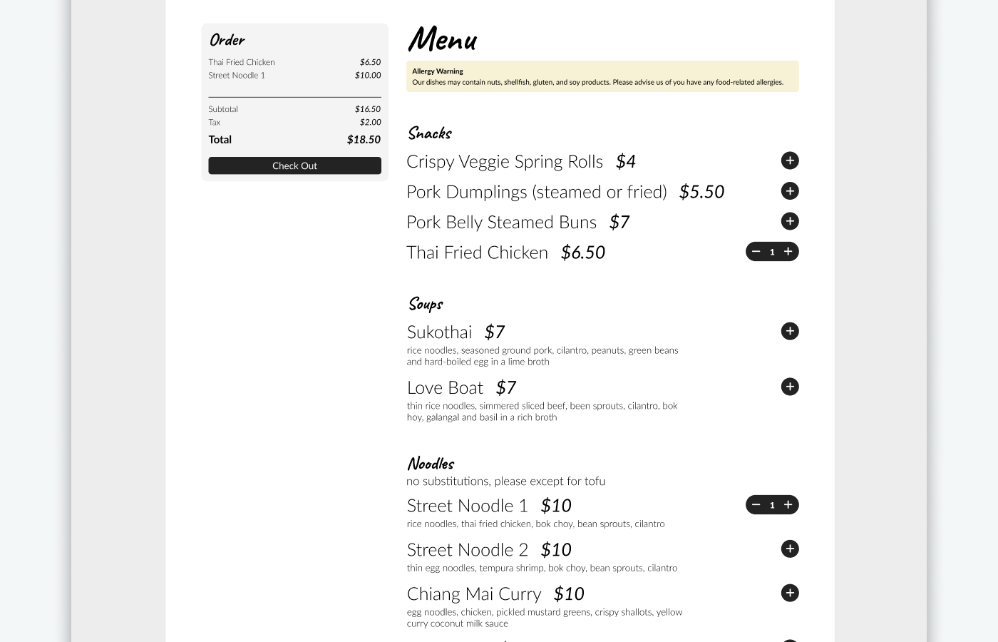 Menu detail of the website