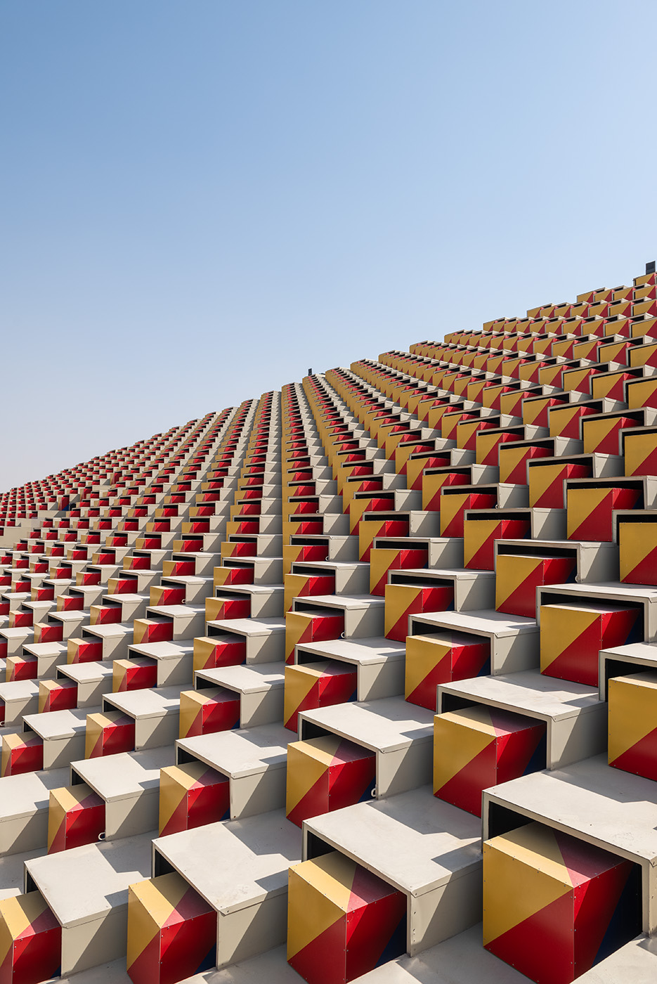 Red and yellow boxes of the south korean pavilion in a abstract stack