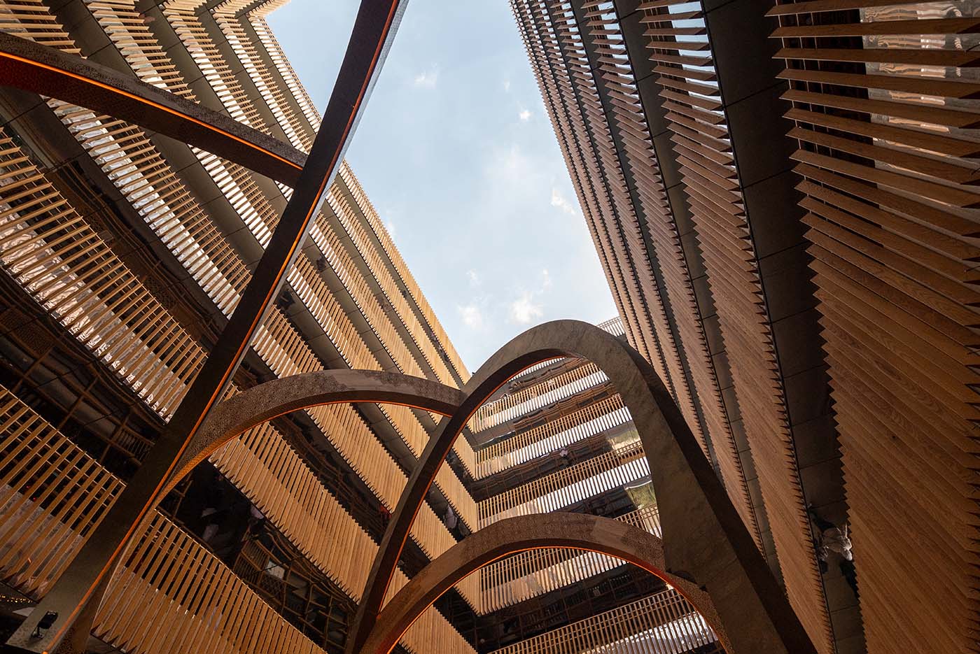 Shot of the Morocco pavilion looking up through the atrium