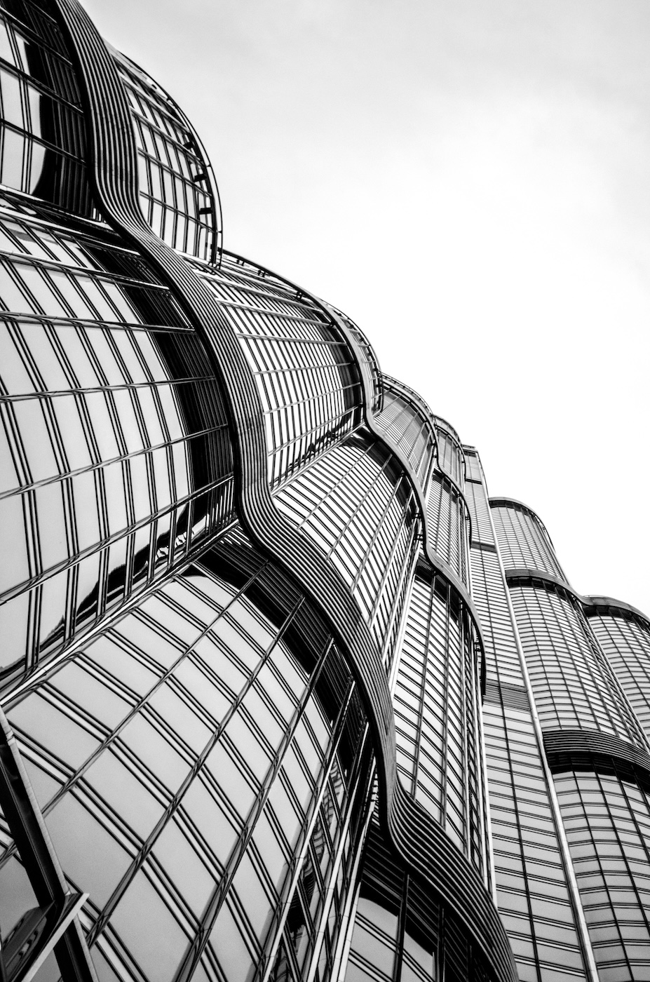 Black & white upclose of the Burj Khalifa