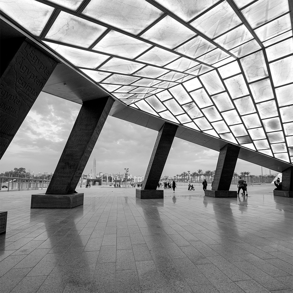 Black and white architectural image of the entry of the Grand Egyptian Museum