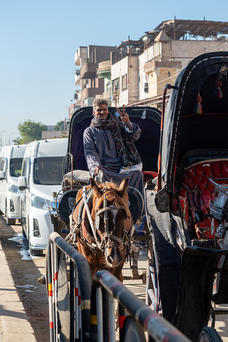 Horse carriage driver throwing the peace sign