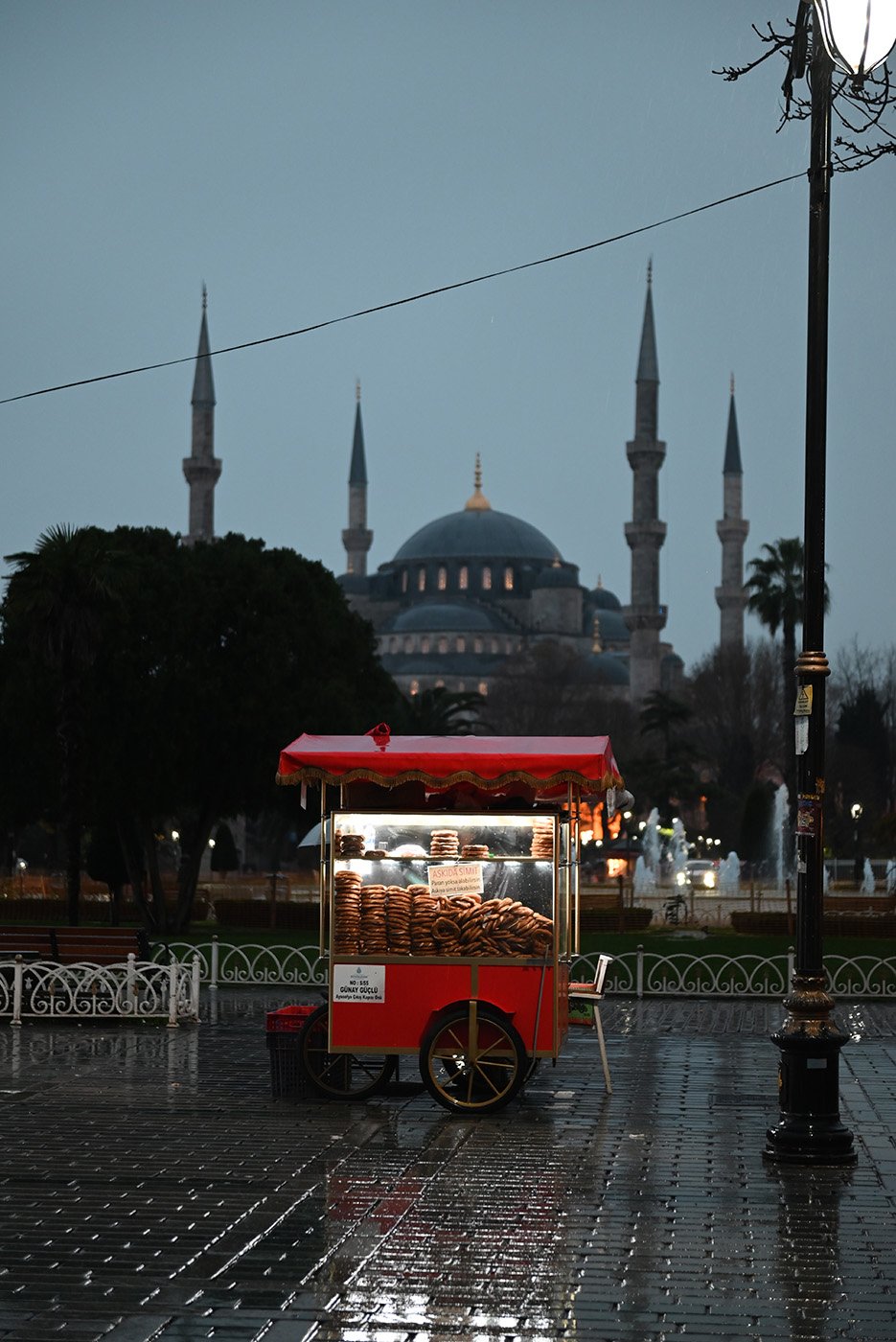Bagel cart in front of the Blue Mosque at night