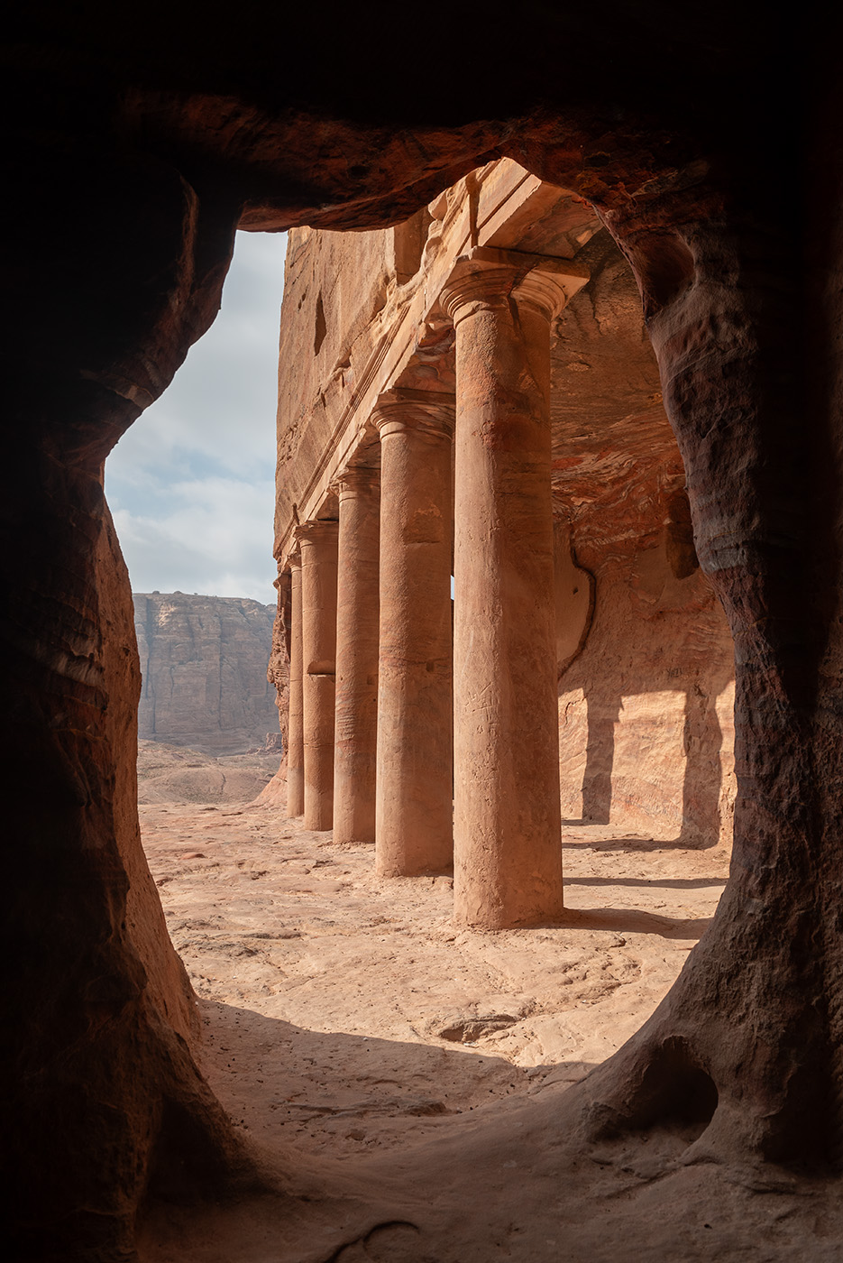 Pillars at Petra shot through a portal