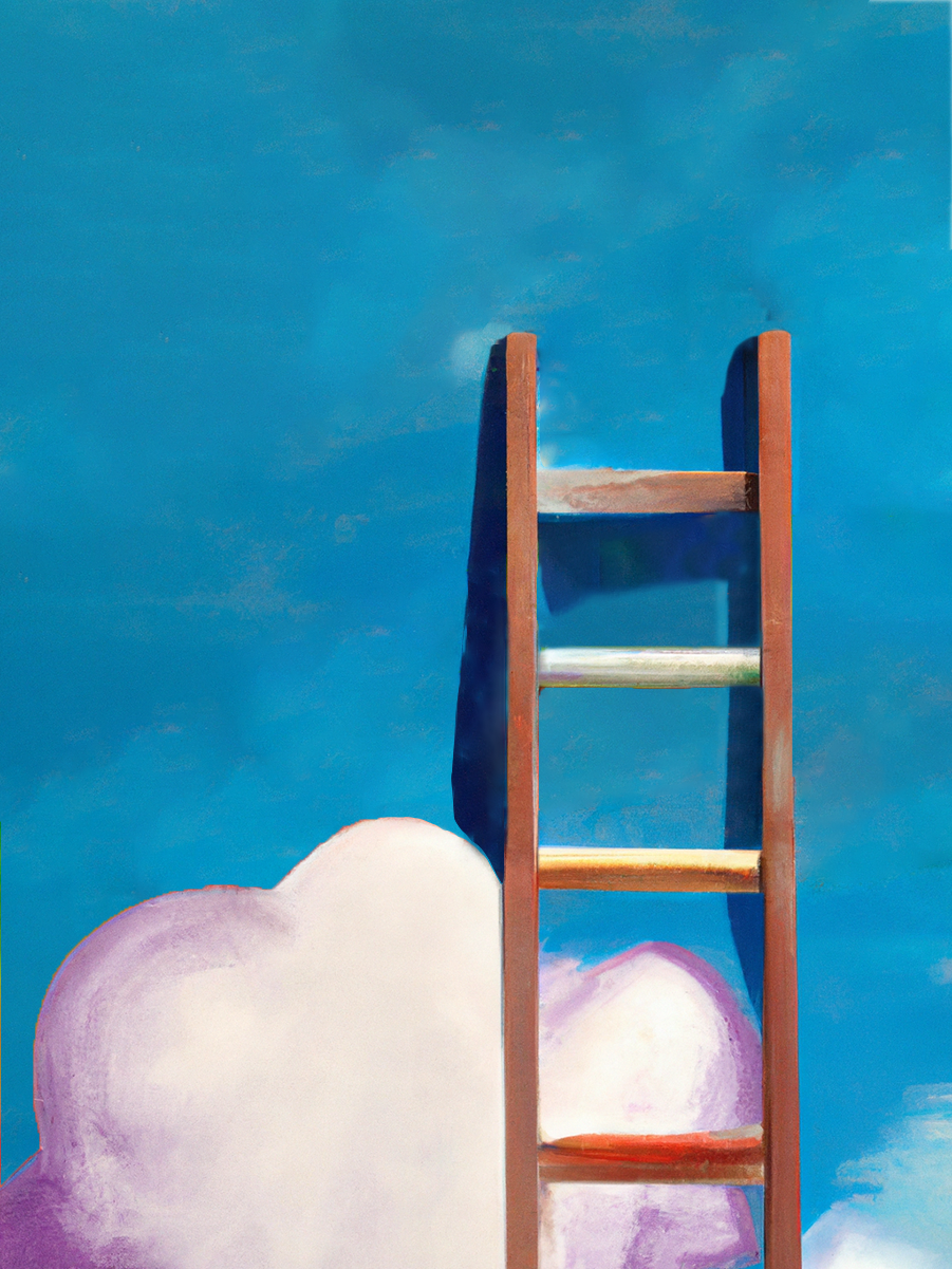 A pastel style drawing of a ladder above the clouds