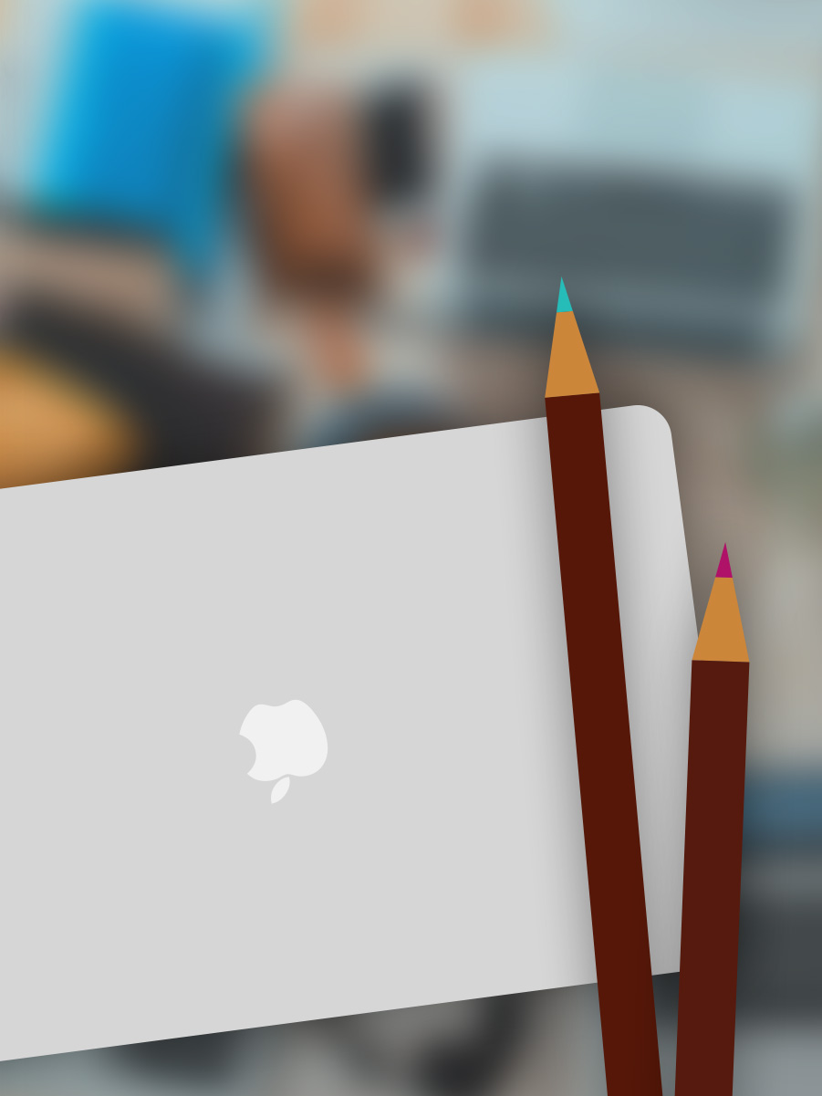 Flat illustration of laptop and pencils against a desktop