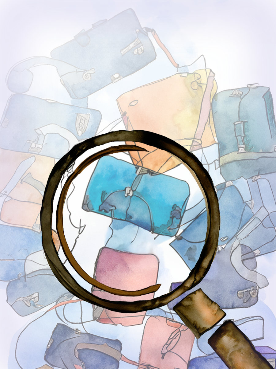 A watercolor style image of a series of briefcases with a magnifying glass over top