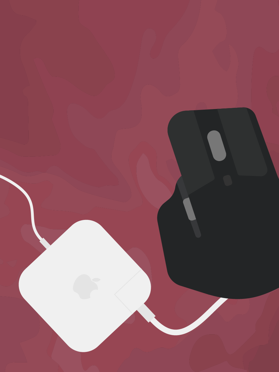A stylized illustration of a computer mouse and a Macbook charger