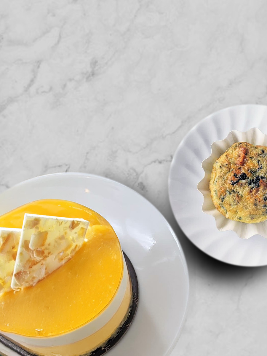 Mini quiche and mango coconut mousse cake from Breka Bakery